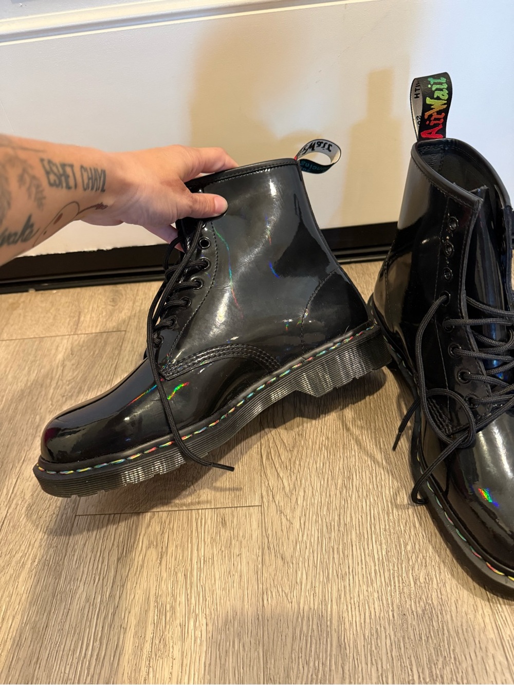 Dr. Martens Black Patent Lace-Up Boots with Iridescent Rainbow Welt
